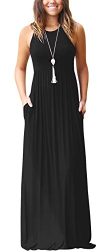 GRECERELLE Women's Round Neck Sleeveless A-line Casual Maxi Dresses with Pockets Black-M
