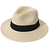 Lanzom Women Wide Brim Straw Fedora Beach Sun Hat One Size